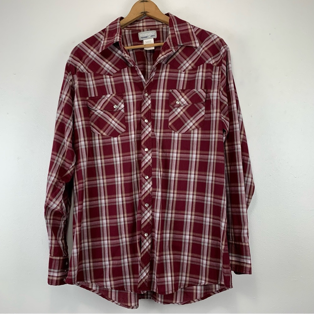 Wrangler Wrancher Shirt Men's XL Red Gray Plaid Flannel Pearl‎ Snap Western